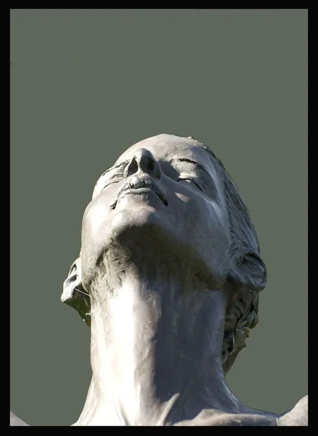 A statue of a man 's head is shown in the sky.