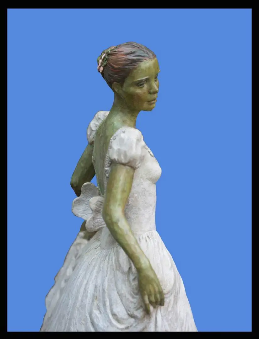 A woman in white dress with green hair.
